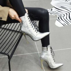 silver croc embossed booties for women